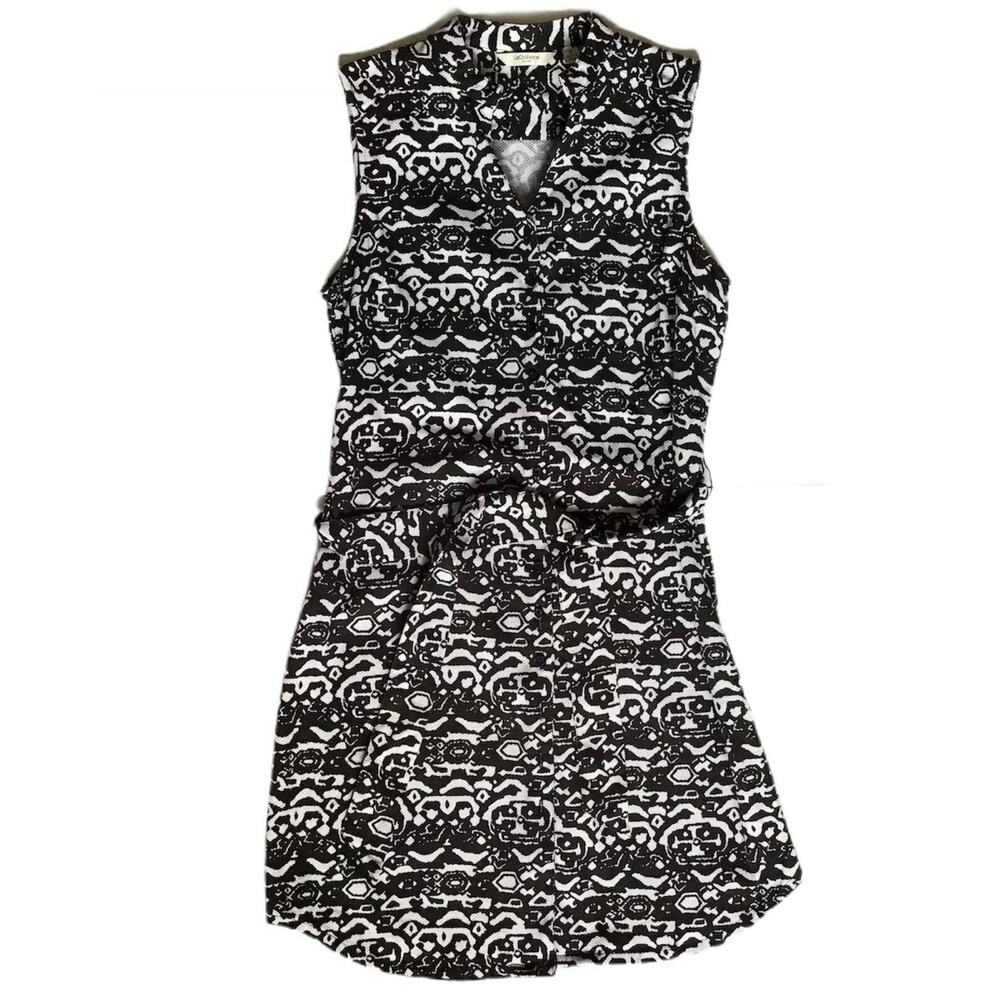 Liz Claiborne New York Size 8 Printed Button Front Belted Black & White Dress